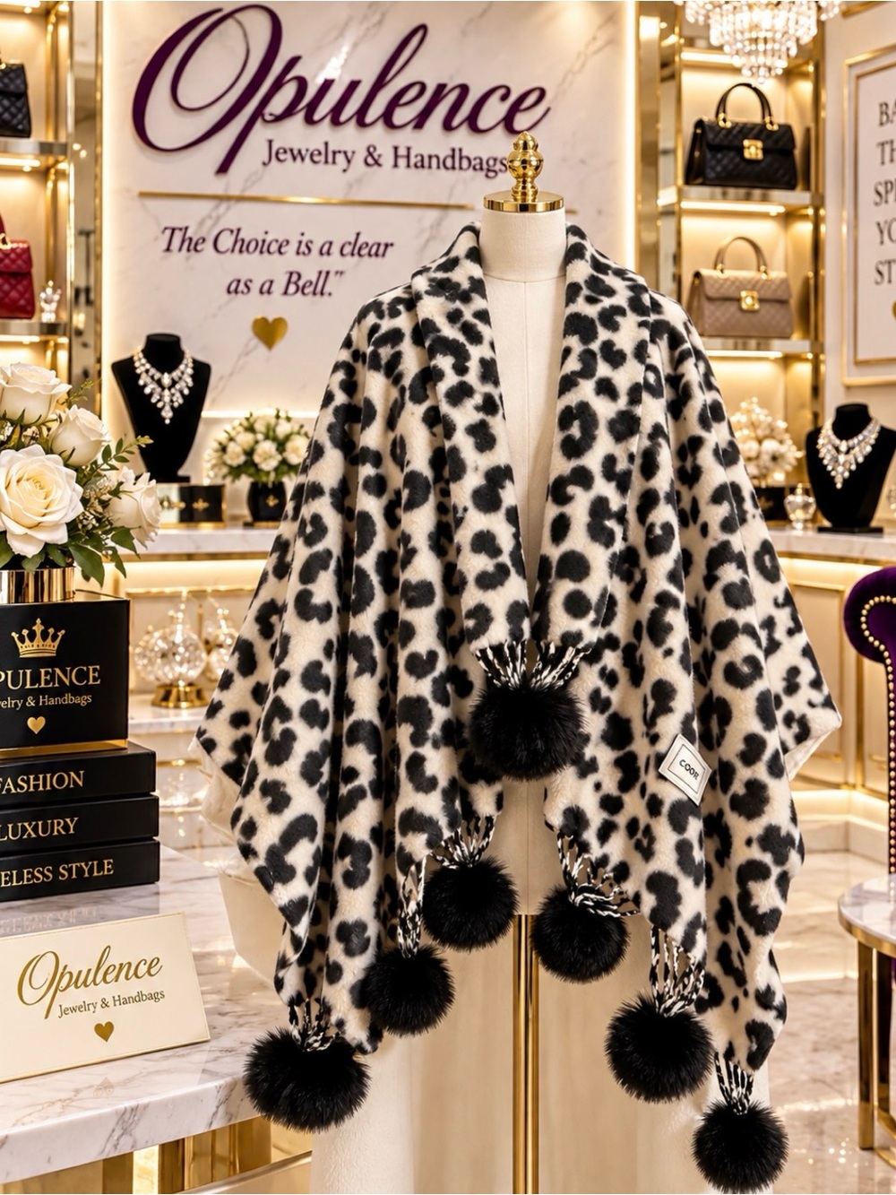 Leopard-Print Faux Fur Wrap - Black & Cream